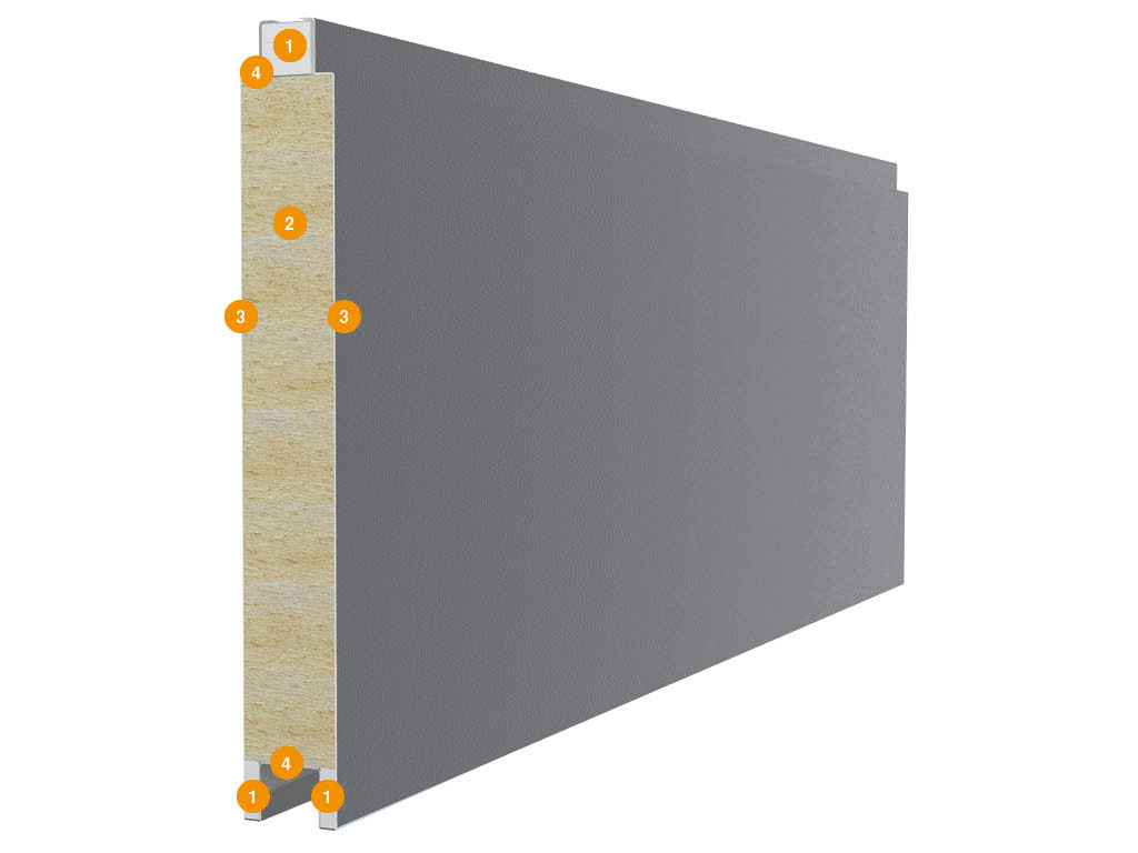 Polotno raspashnykh garazhnykh vorot sostoit iz panelей shirinoi 475, 525, 575 mm iz dvukh stalnykh listov i mineral'vatnoi prosloiki mezhdu nimi, s bokovoi storony zakladyvaetsya giprokarton s usilivayushchimi profil'yami. Konstruktsiya paneli: 1) giprokarton; 2) mineral'vatnaya prosloika plotnost'yu 130 kg/m³; 3) stal'noy list tolkshchinoy 0,5 mm; 4) usilivayushchie profili.